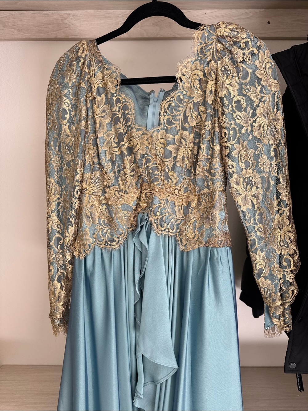 Saks Fifth Avenue Gold Lace & Dusty Blue Satin Evening Dress